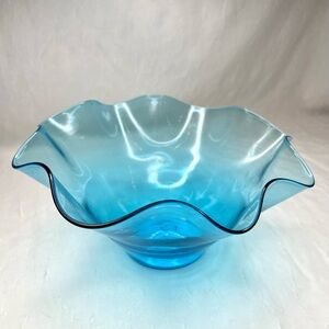 Vintage Blenko Glass Bowl Ruffled Turquoise Blue MCM Hand Blown Vase